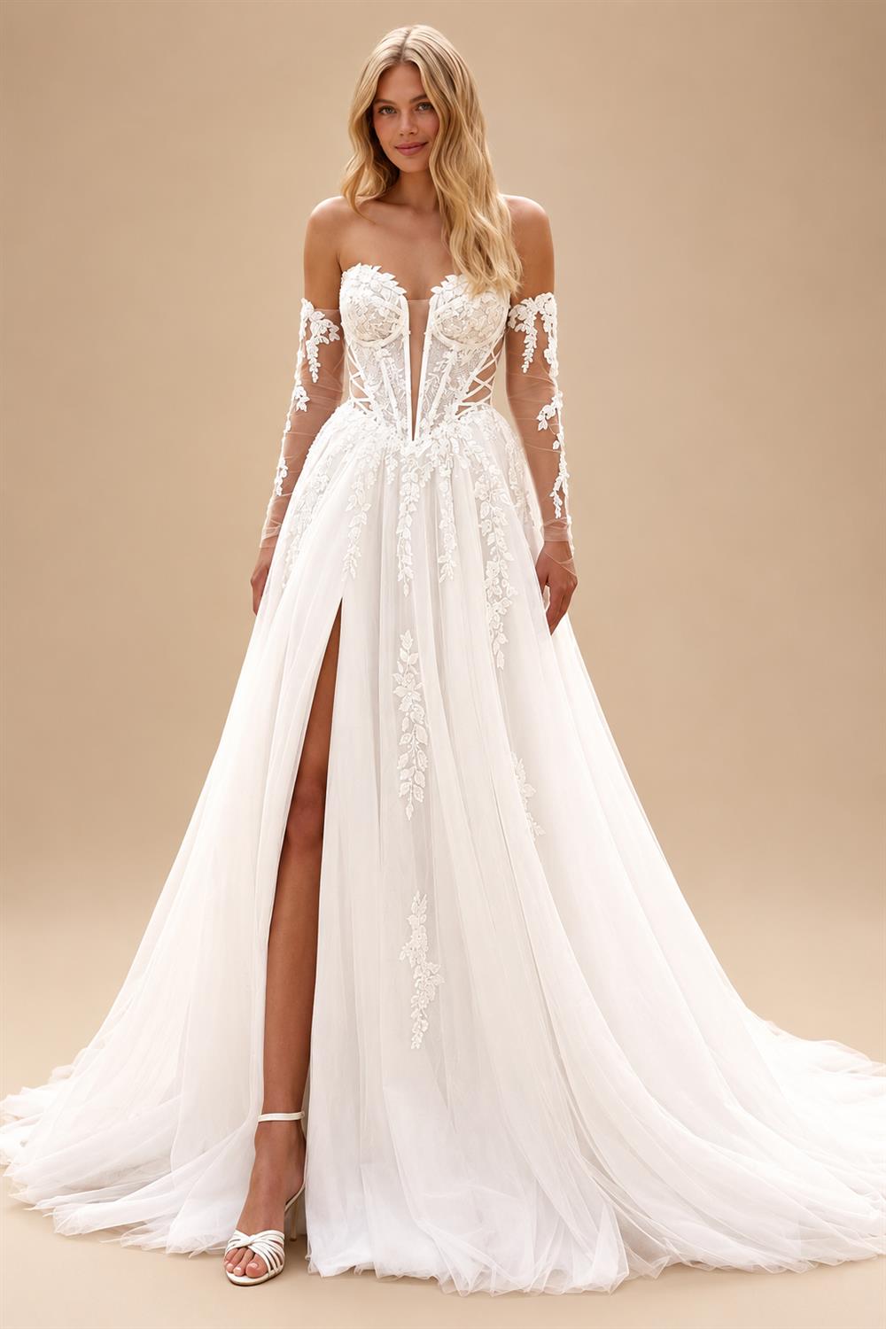 Illusion Long Sleeve Wedding Dress Woman Chiffon A Line Applique Side Slit Long Robes de Soriee Customized