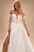 Illusion Long Sleeve Wedding Dress Woman Chiffon A Line Applique Side Slit Long Robes de Soriee Customized