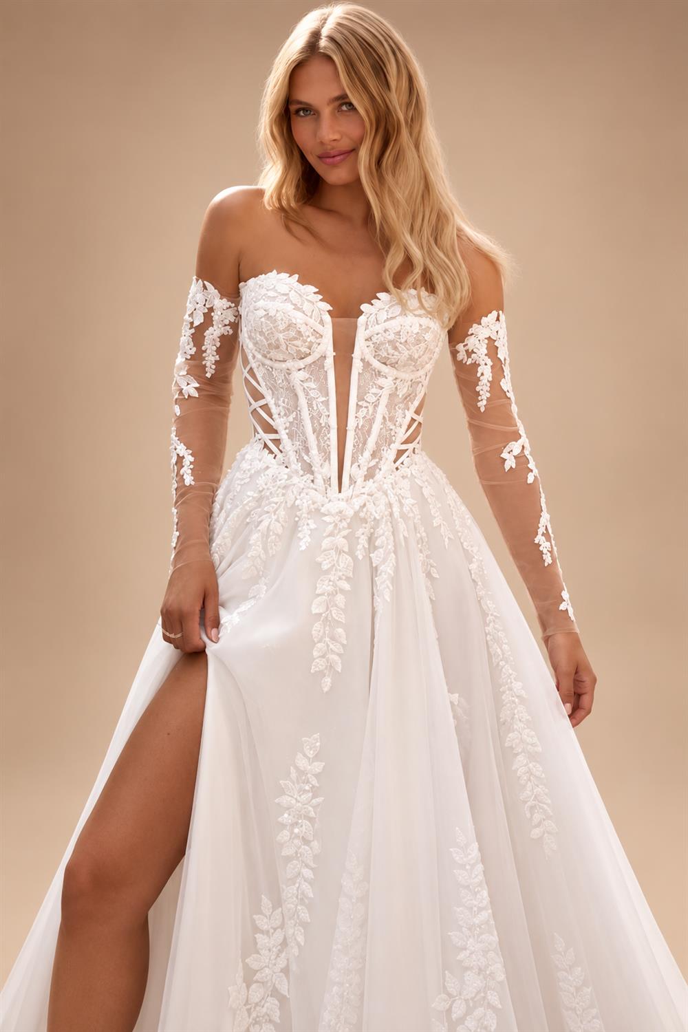 Illusion Long Sleeve Wedding Dress Woman Chiffon A Line Applique Side Slit Long Robes de Soriee Customized