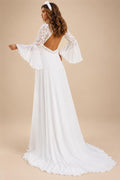 Bohemian Wedding Dresses 2026 Flare Sleeve Boat Neck Lace Backless Chiffon A Line Boho Bridal Gown