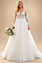 lvory A Line Long Sleeves Lace Appliqued Wedding Dress 2026 Sweep Train Brides Gown Vestidos De Novia Customized