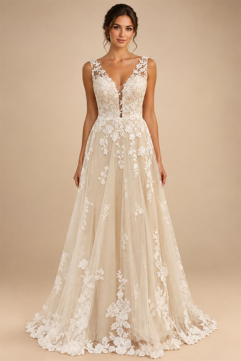Luxury Wedding Gown For Brides Floral Appliques V-Neck Sleeveless Backless A-line Court Train 2026 Abito Da Sposa