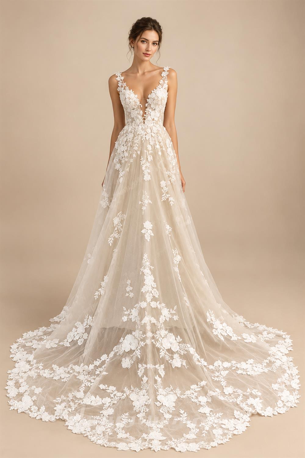 Luxury Wedding Gown For Brides Floral Appliques V-Neck Sleeveless Backless A-line Court Train 2026 Abito Da Sposa