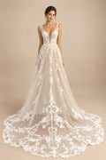 Luxury Wedding Gown For Brides Floral Appliques V-Neck Sleeveless Backless A-line Court Train 2026 Abito Da Sposa
