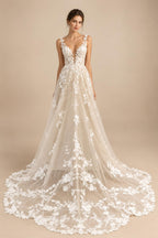 Luxury Wedding Gown For Brides Floral Appliques V-Neck Sleeveless Backless A-line Court Train 2026 Abito Da Sposa