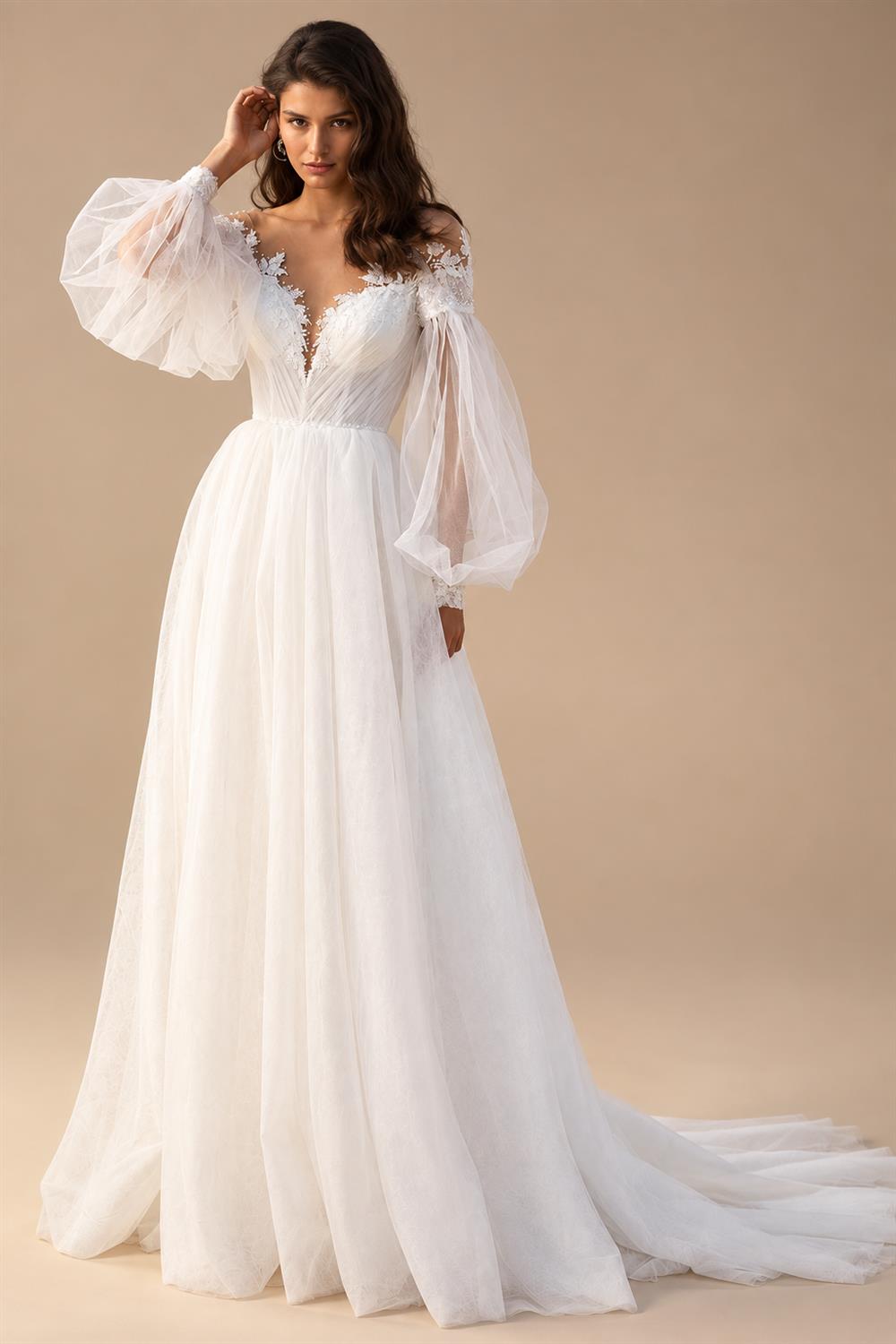 Puffy Long Sleeves Women Wedding Dresses 2025 New Sexy Deep-V A-Line Bridal Gowns Plus Size Customized