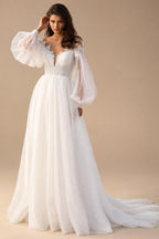 Puffy Long Sleeves Women Wedding Dresses 2025 New Sexy Deep-V A-Line Bridal Gowns Plus Size Customized
