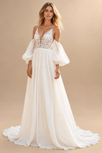 Boho Ivory Chiffon Wedding Dress Deep V‑Neck Short Flutter Sleeves Lace Applique Bridal Gown For Beach Customized