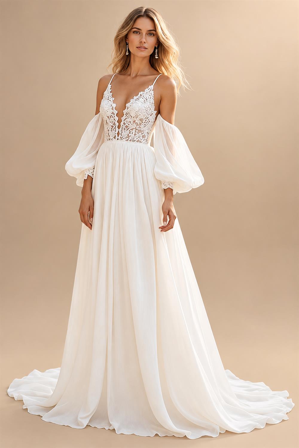 Boho Ivory Chiffon Wedding Dress Deep V‑Neck Short Flutter Sleeves Lace Applique Bridal Gown For Beach Customized