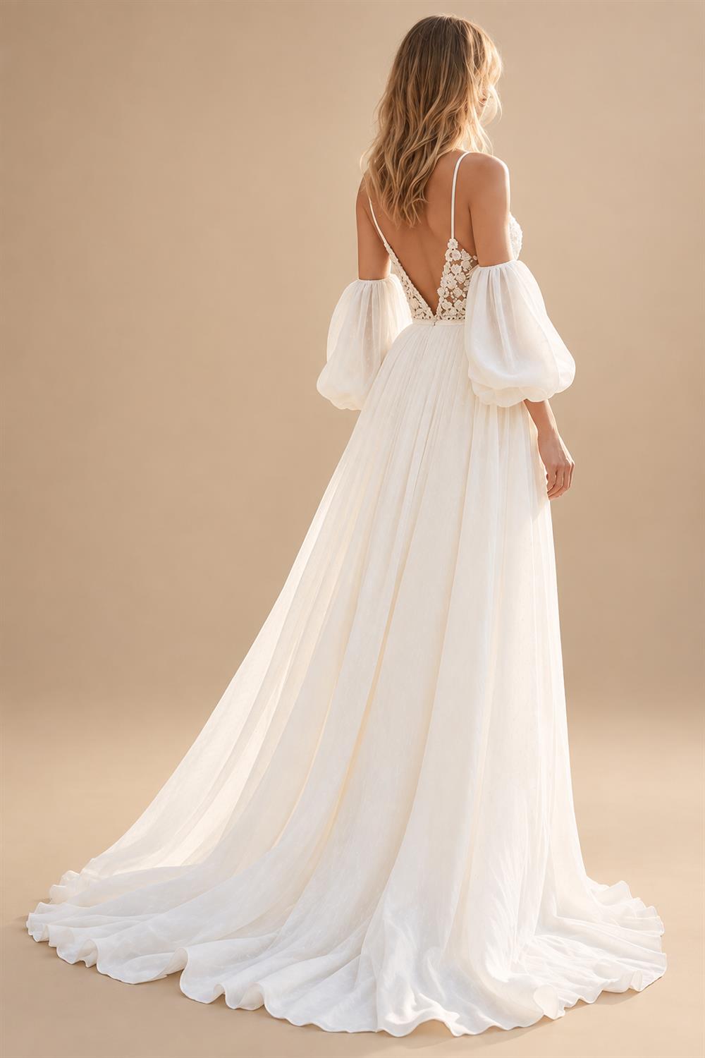 Boho Ivory Chiffon Wedding Dress Deep V‑Neck Short Flutter Sleeves Lace Applique Bridal Gown For Beach Customized