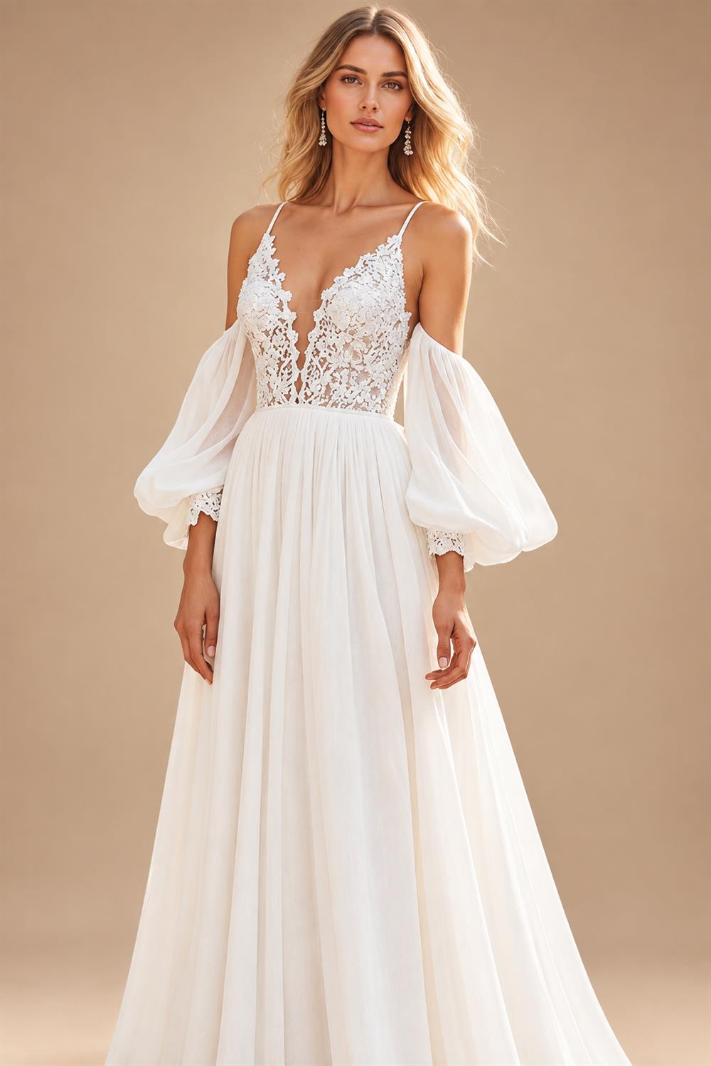 Boho Ivory Chiffon Wedding Dress Deep V‑Neck Short Flutter Sleeves Lace Applique Bridal Gown For Beach Customized