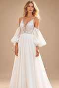 Boho Ivory Chiffon Wedding Dress Deep V‑Neck Short Flutter Sleeves Lace Applique Bridal Gown For Beach Customized