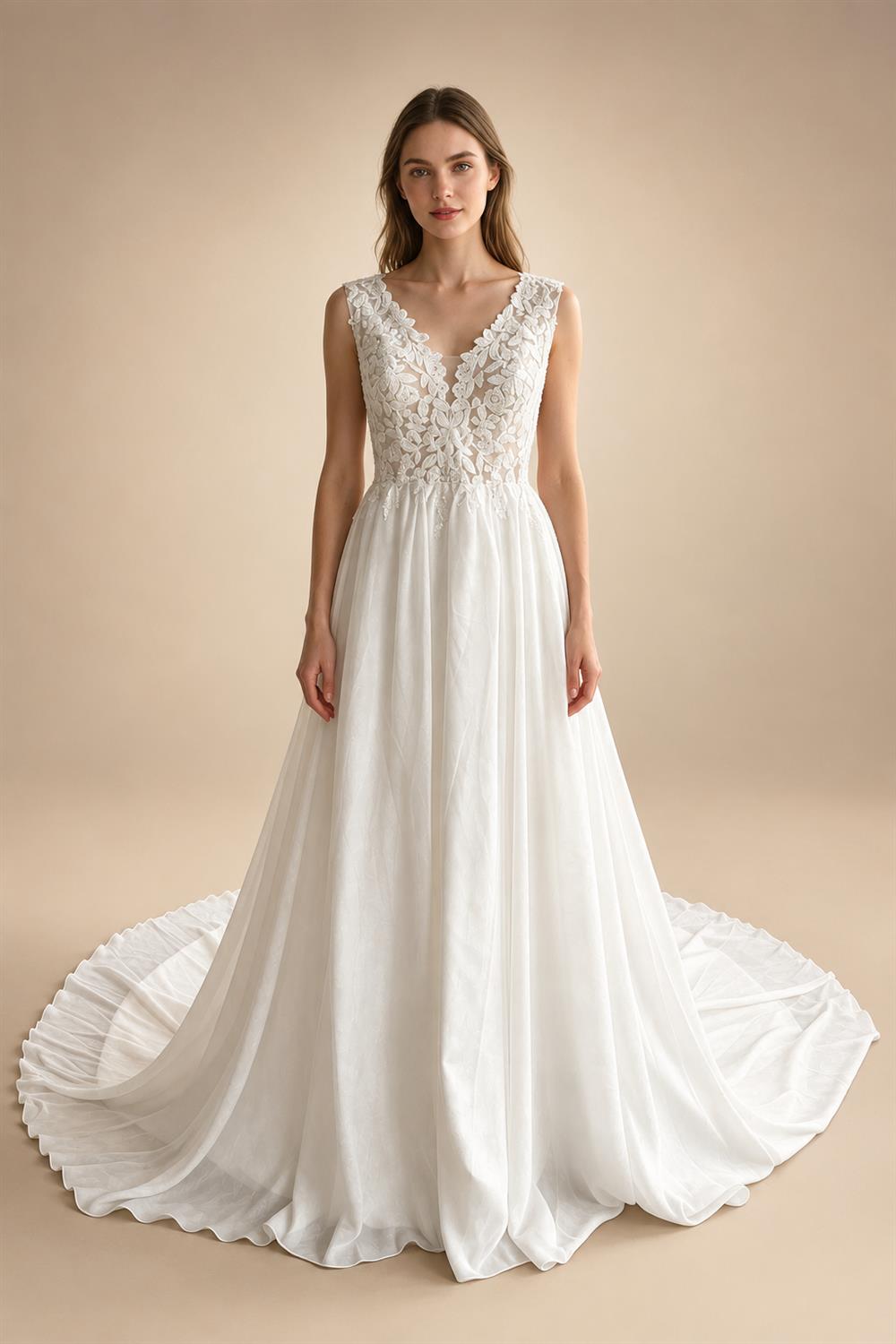 Plus Size Wedding Dress A Line V Neck Tank Lace Appliques Chiffon Wedding Party Gowns Bride Gown Customized