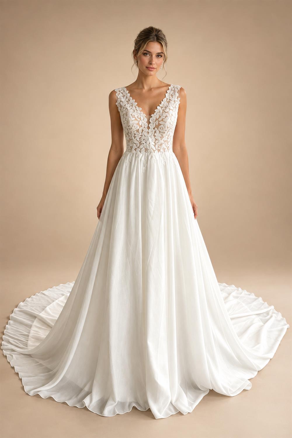 Plus Size Wedding Dress A Line V Neck Tank Lace Appliques Chiffon Wedding Party Gowns Bride Gown Customized