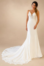 Scoop Neck Lace Backless Soft Satin Wedding Dress for Women Customized Bridal Gown Court Train robe mariée sirene