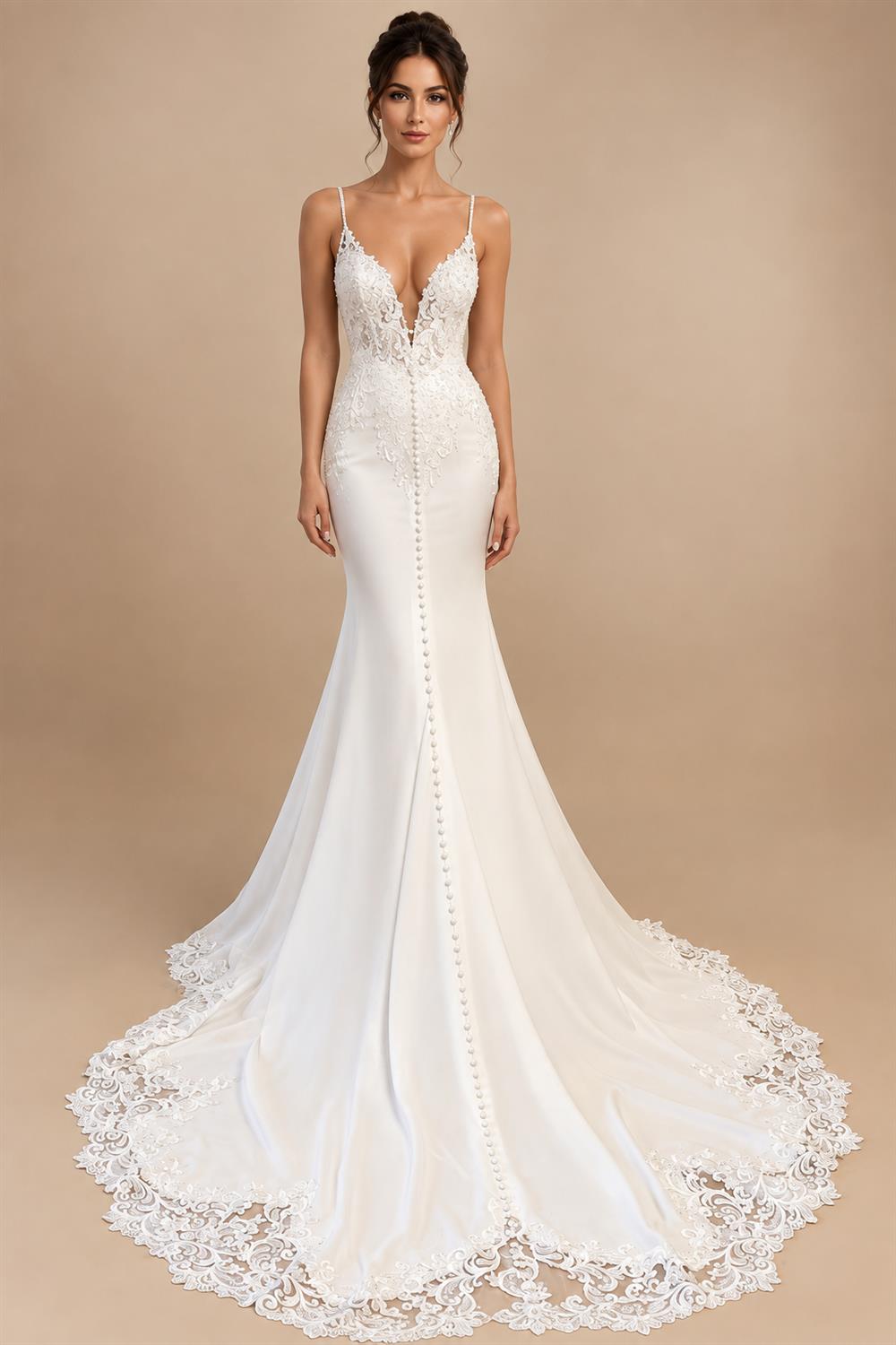 Scoop Neck Lace Backless Soft Satin Wedding Dress for Women Customized Bridal Gown Court Train robe mariée sirene