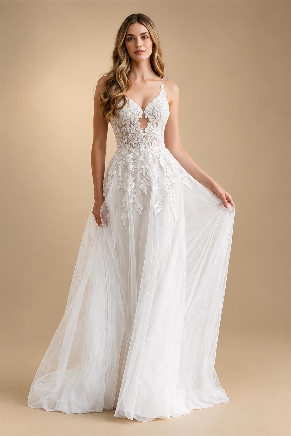 Spaghetti Straps A‑Line Wedding Dress Deep V‑Neck Leaf Lace Appliques Beaded Tulle Bridal Gown Cut‑Out Customized