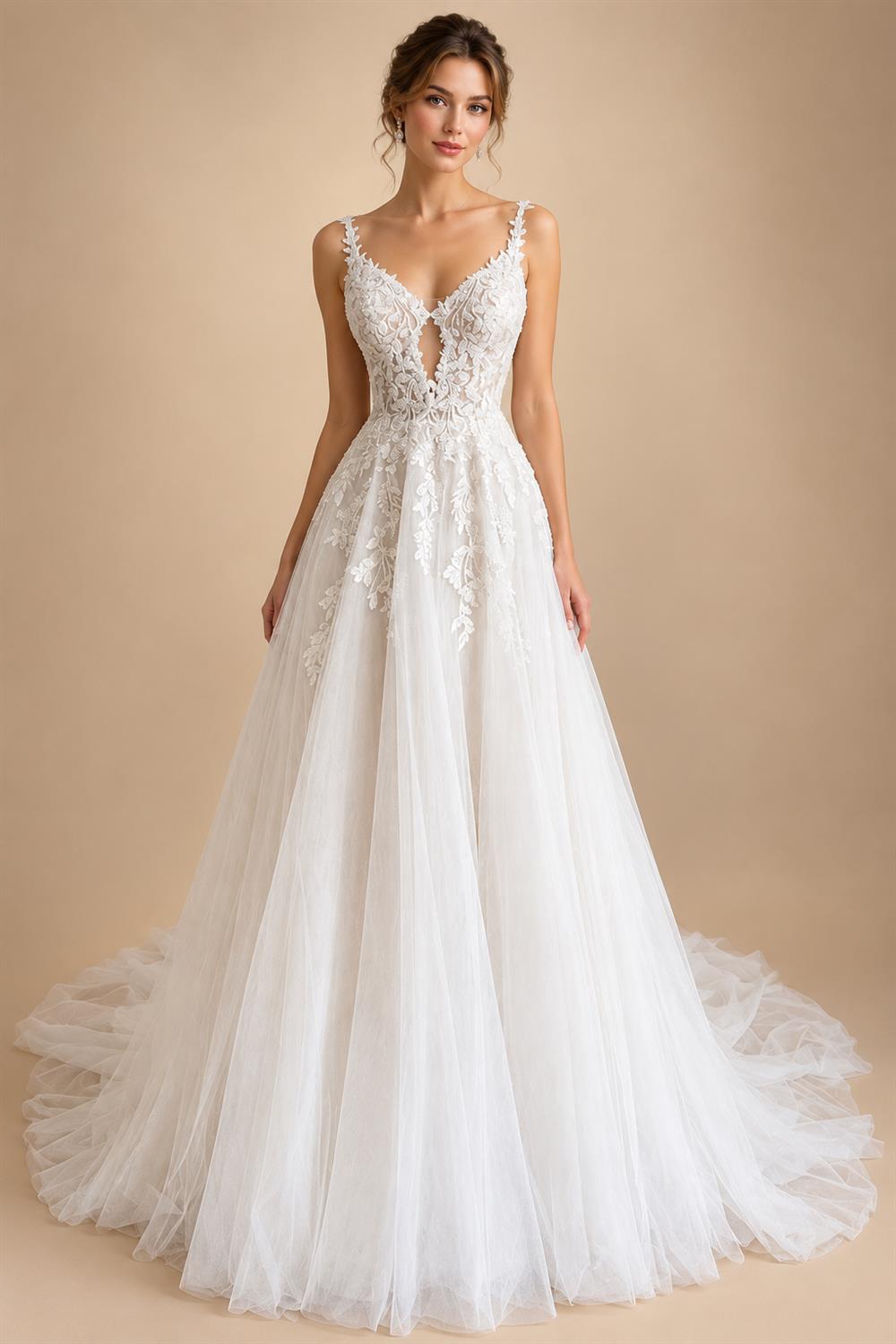 Spaghetti Straps A‑Line Wedding Dress Deep V‑Neck Leaf Lace Appliques Beaded Tulle Bridal Gown Cut‑Out Customized