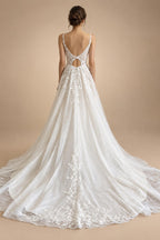 Spaghetti Straps A‑Line Wedding Dress Deep V‑Neck Leaf Lace Appliques Beaded Tulle Bridal Gown Cut‑Out Customized