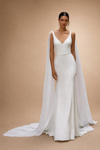 Elegant Soft Satin Crepe Wedding Dresses With Detachable Cape Simple V Neck Mermaid Boho Bridal Gowns For Brides