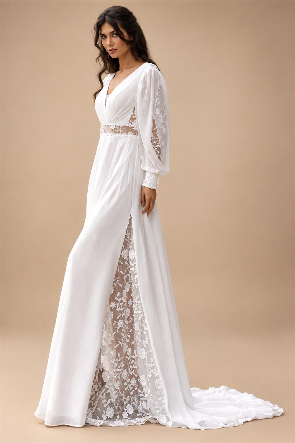 Beach Wedding Dresses for Summer Puff Sleeves V-Neck Split Sweep Train Simple Bride Vestidos De Nova Customized