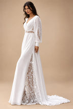 Beach Wedding Dresses for Summer Puff Sleeves V-Neck Split Sweep Train Simple Bride Vestidos De Nova Customized