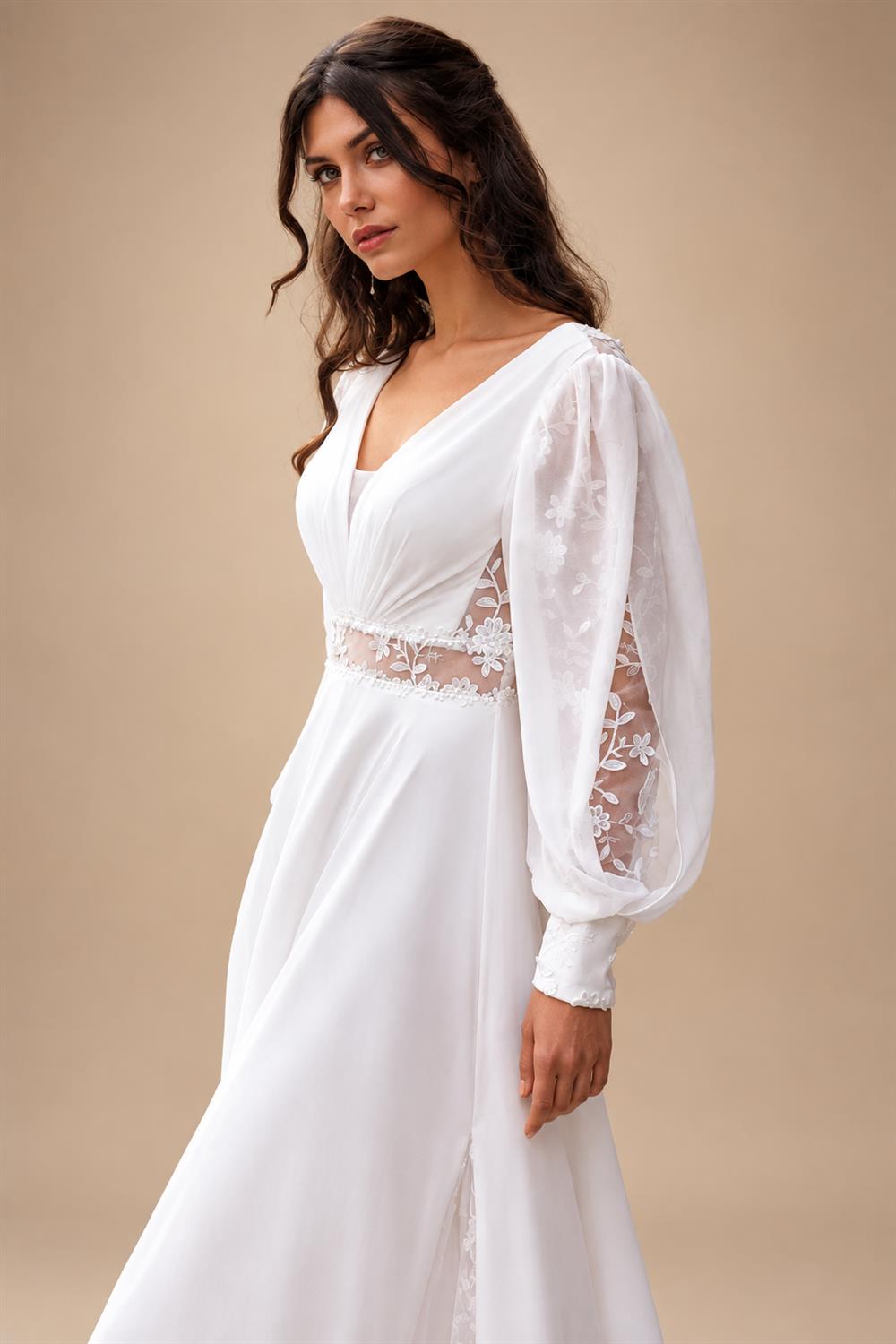 Beach Wedding Dresses for Summer Puff Sleeves V-Neck Split Sweep Train Simple Bride Vestidos De Nova Customized