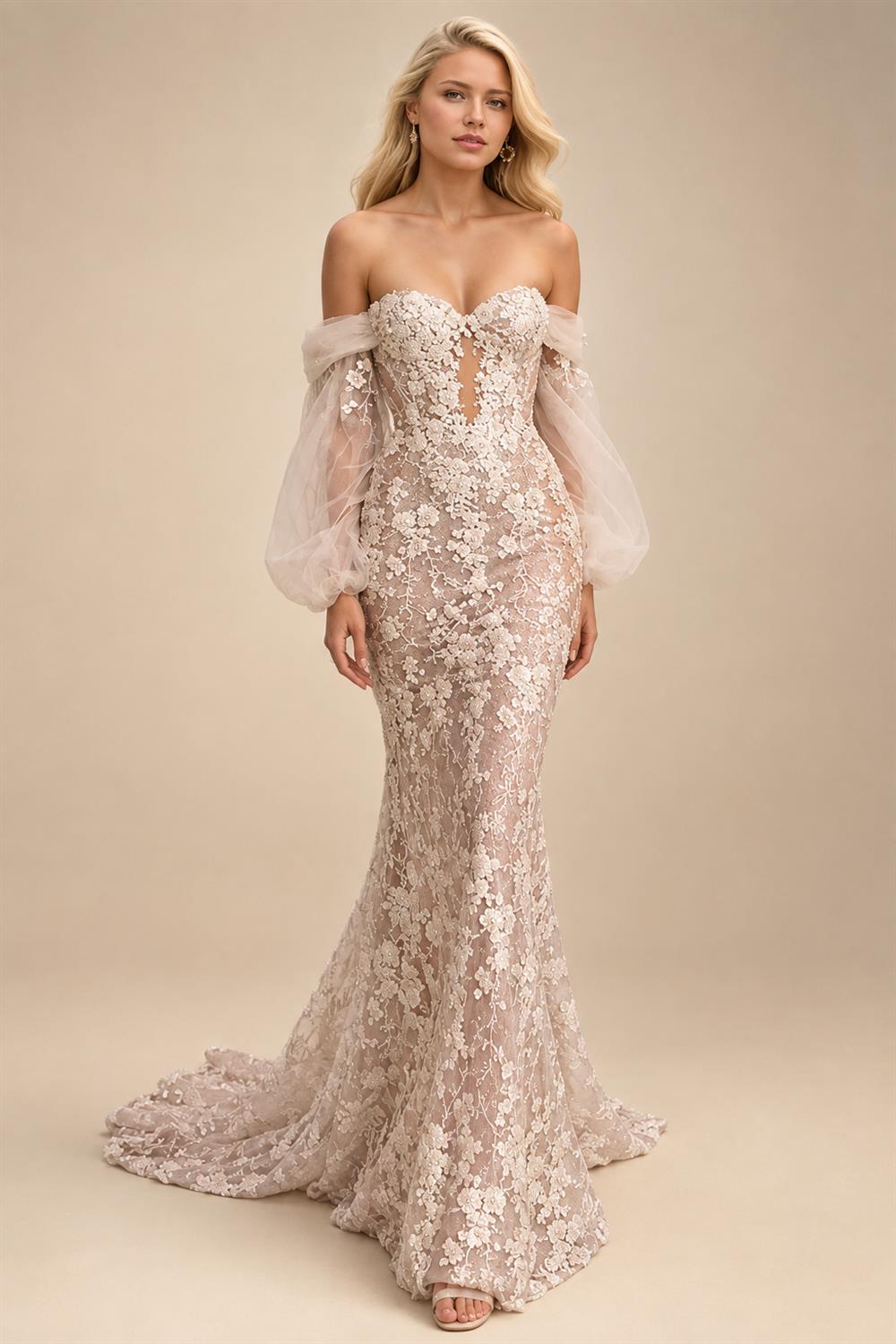 Lantern Sleeves Mermaid Wedding Dresses Beads Appliques Sweetheart Tulle Chapel Train Robe De Mariee Customized