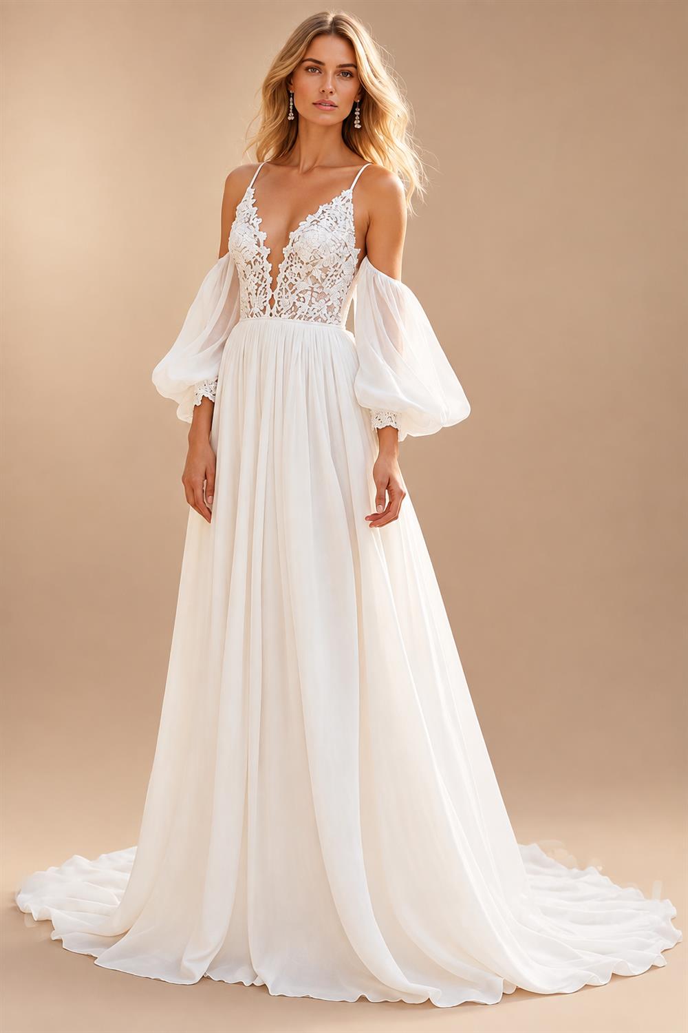 Chiffon A Line V-Neck Court Train Ivory Wedding Dress with Lace vestido de novia para boda Customized