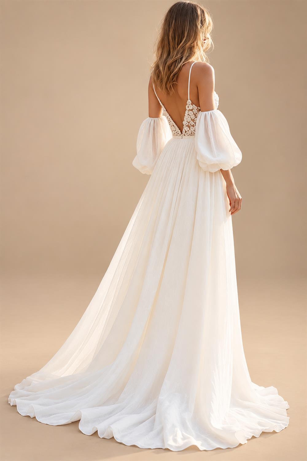 Chiffon A Line V-Neck Court Train Ivory Wedding Dress with Lace vestido de novia para boda Customized