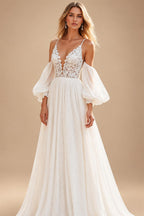 Chiffon A Line V-Neck Court Train Ivory Wedding Dress with Lace vestido de novia para boda Customized