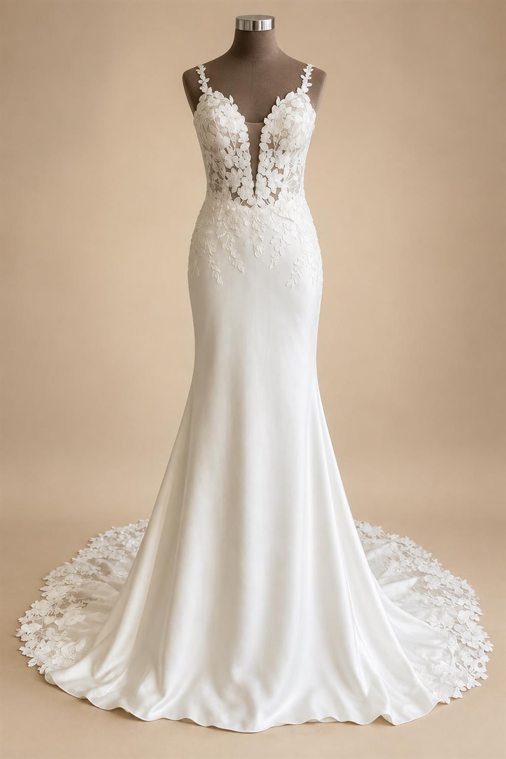 Spaghetti Strap Lace Mermaid Wedding Dress Deep V Neck Satin Bridal Gown With Lace Train Customized