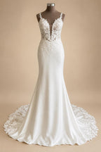 Spaghetti Strap Lace Mermaid Wedding Dress Deep V Neck Satin Bridal Gown With Lace Train Customized