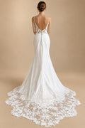Spaghetti Strap Lace Mermaid Wedding Dress Deep V Neck Satin Bridal Gown With Lace Train Customized