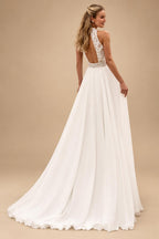 Simple V-Neck Chiffon Wedding Dress Sexy Side Slit A-Line Pleat Bridal Long Sleeves Open Back Bohemia Customized