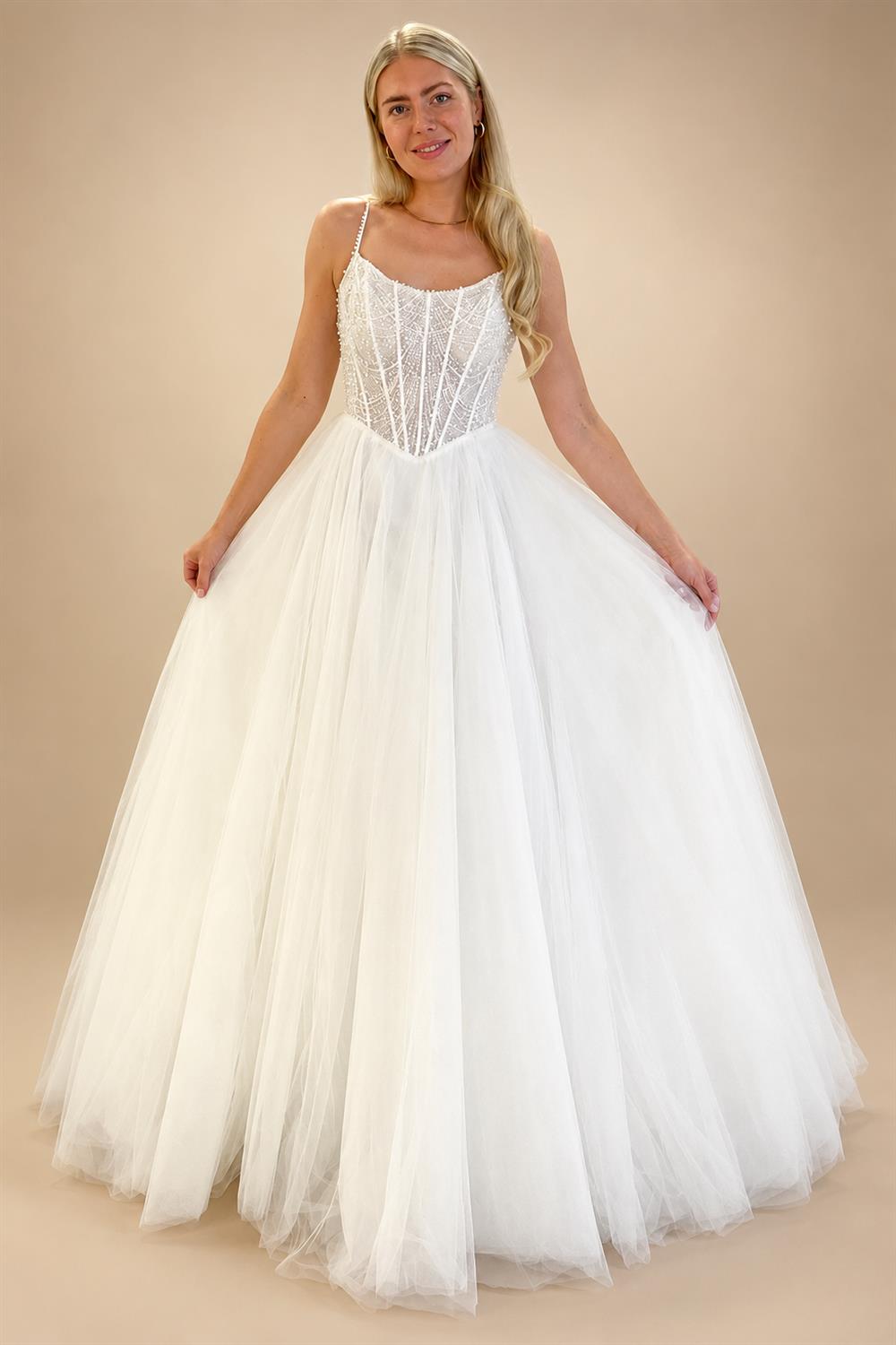 Spaghetti Straps Wedding Dress for Women Pearls Beads Scoop Neck Tulle A-line Vestidos De Novia Customized