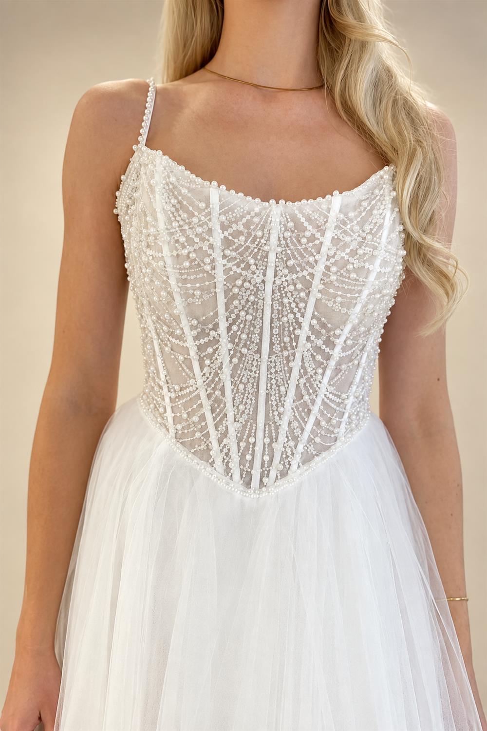 Spaghetti Straps Wedding Dress for Women Pearls Beads Scoop Neck Tulle A-line Vestidos De Novia Customized
