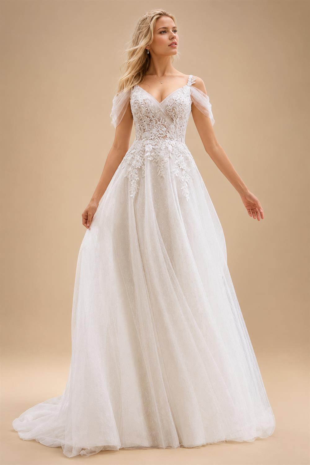 Tulle A-line Spaghetti Straps Wedding Dress Classic Button Back Off the Shoulder V-neck Tulle Bridal Dres Customized