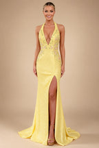 Sheath/Column Deep V Neck Halter Floor Length Prom Dress with Flower Sequin | ZapDress