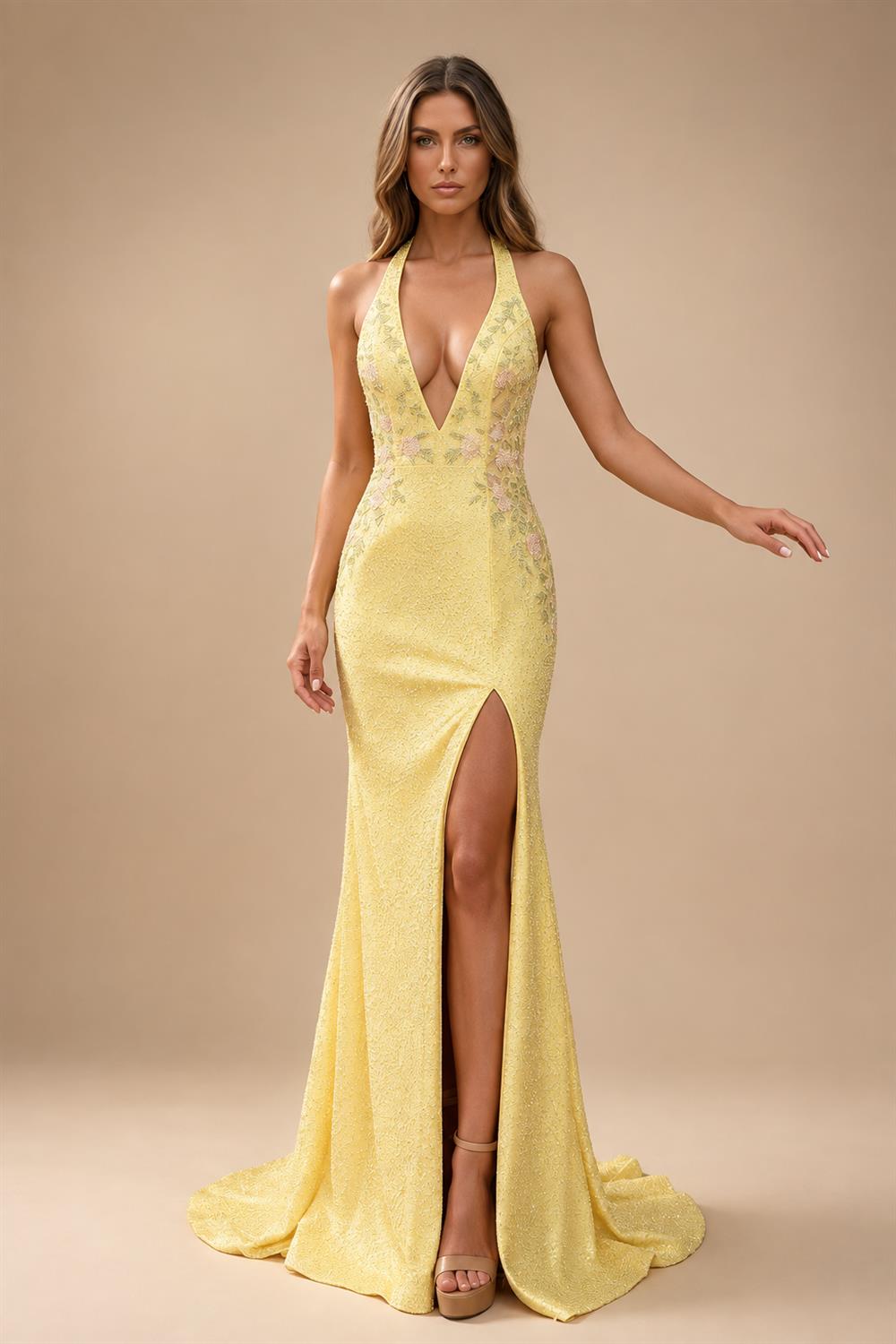Sheath/Column Deep V Neck Halter Floor Length Prom Dress with Flower Sequin | ZapDress