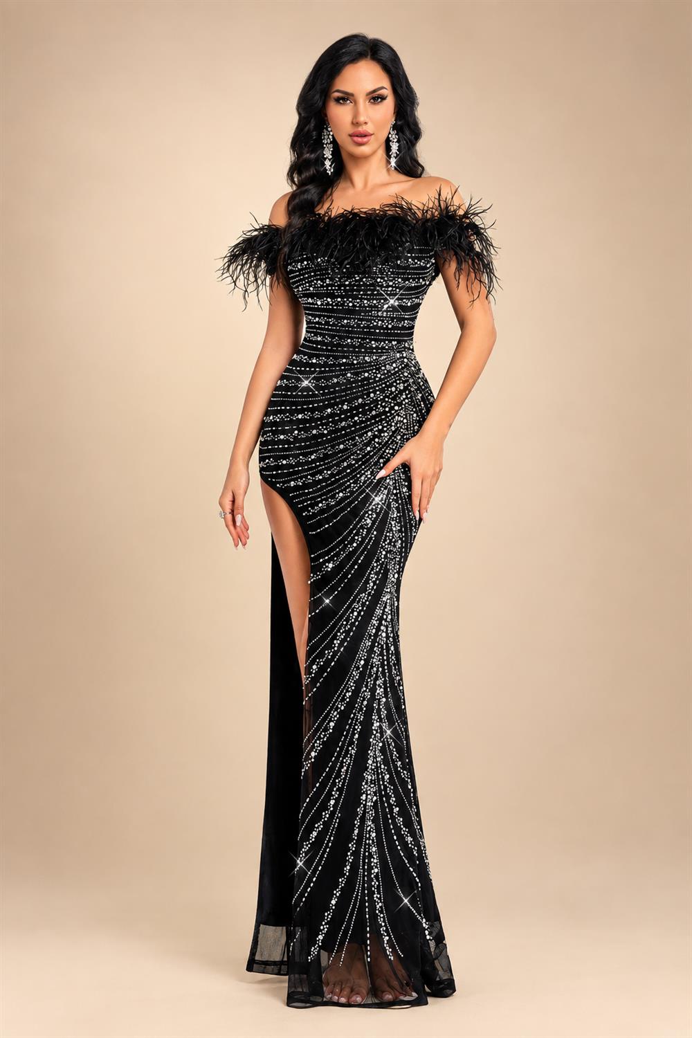 QOQ Fashionable And Elegant Black Faux Fur Patchwork Shoulder Dress Rhinestone Embellished Suitable For Formal Dinners And Galas