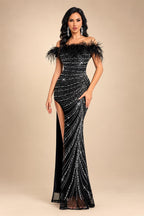 QOQ Fashionable And Elegant Black Faux Fur Patchwork Shoulder Dress Rhinestone Embellished Suitable For Formal Dinners And Galas