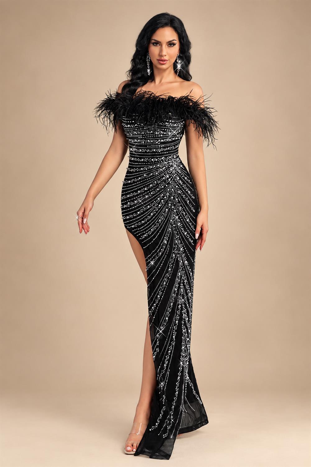 QOQ Fashionable And Elegant Black Faux Fur Patchwork Shoulder Dress Rhinestone Embellished Suitable For Formal Dinners And Galas