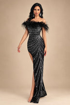 QOQ Fashionable And Elegant Black Faux Fur Patchwork Shoulder Dress Rhinestone Embellished Suitable For Formal Dinners And Galas