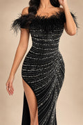 QOQ Fashionable And Elegant Black Faux Fur Patchwork Shoulder Dress Rhinestone Embellished Suitable For Formal Dinners And Galas