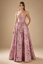 Long Pink Floral Jacquard Corset Prom Dress | ZapDress