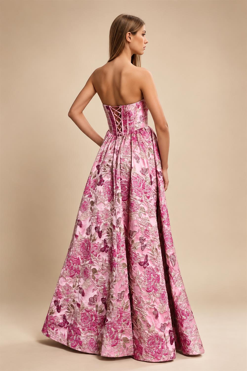 Long Pink Floral Jacquard Corset Prom Dress | ZapDress