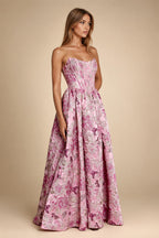Long Pink Floral Jacquard Corset Prom Dress | ZapDress