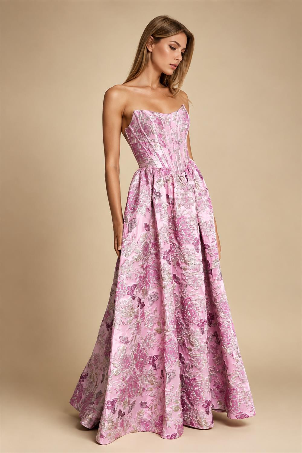 Long Pink Floral Jacquard Corset Prom Dress | ZapDress
