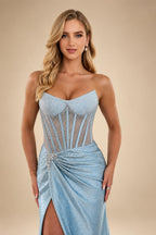 Gorgeous Sparkly Mermaid Strapless Long Beaded Prom Dress with Leg Slit | ZapDress